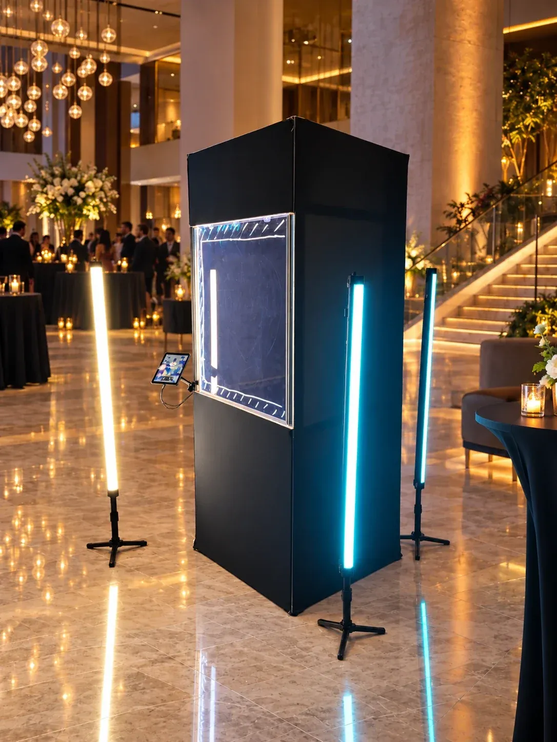 Zīmēšanas video kaste ar izgaismotu stikla paneli un LED gaismām viesnīcas pasākumā