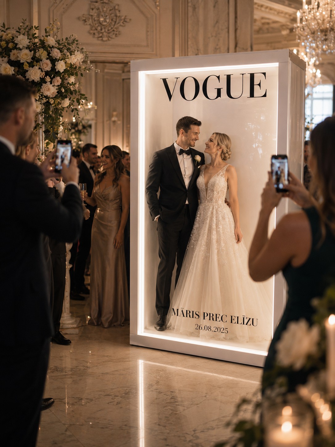 Personalizēts VOGUE žurnāla vāka foto stends kāzās ar ierāmētu pāra portretu un uzrakstu Māris prec Elīzu 26.08.2025